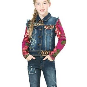 Desigual Kids Saguaro Embrllished Denim Jacket with Pink Floral Knit Sleeves 4